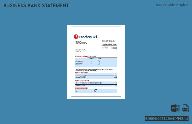 Bandhan Bank Organisationskontoauszug Word- und PDF-Beispielvorschau